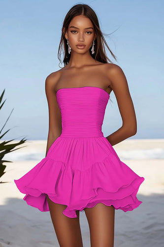 Fuchsia Chiffon Strapless A Line Ruched Short Cocktail Dress with Ruffles