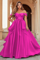 Load image into Gallery viewer, Dark Green Off the Shoulder Satin Long Prom Dress with Ruffles