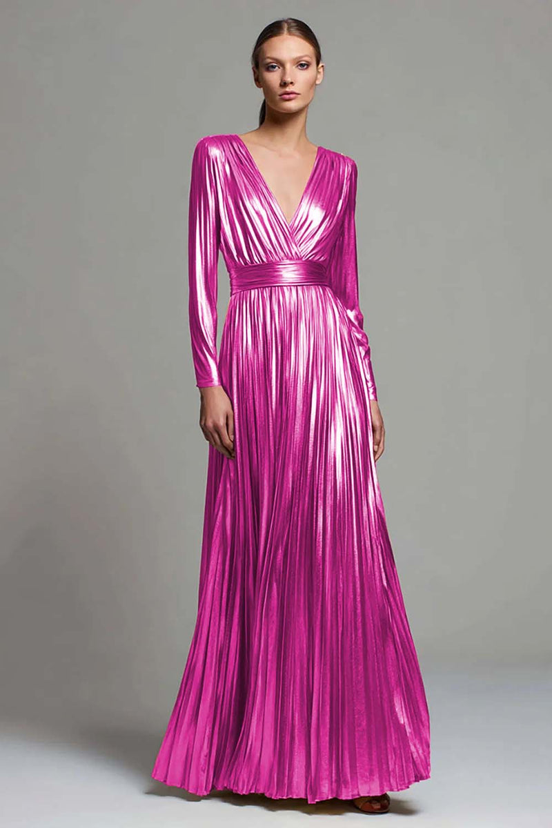 Load image into Gallery viewer, Sparkly Gold Metallic Pleated V-Neck A-Line Long Sleeves Formal Dress