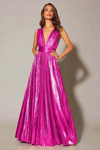 Sparkly Metallic Gold A-Line Pleated V-Neck Long Formal Dress