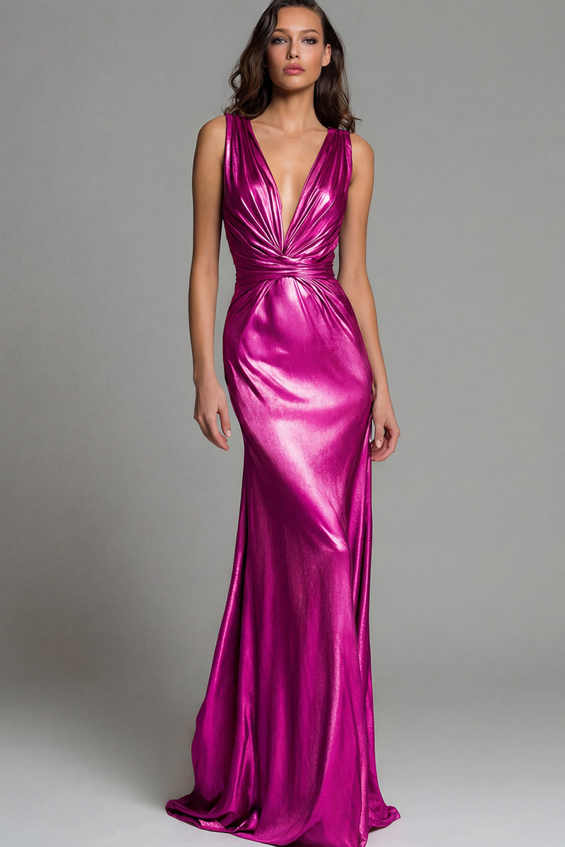 Load image into Gallery viewer, Sparkly Gold Mermaid Metallic Deep V-Neck Long Formal Dress