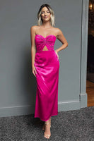 Load image into Gallery viewer, Dark Green Strapless Cut Out Sheath Satin Long Formal Dress