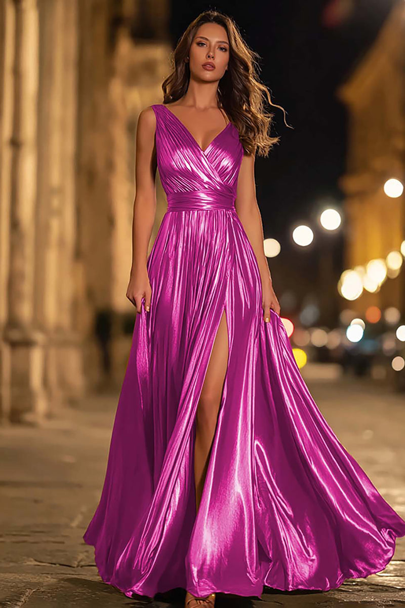 Load image into Gallery viewer, Sparkly Gold A-Line Metallic Ruched Pleated Long Formal Dress with Slit