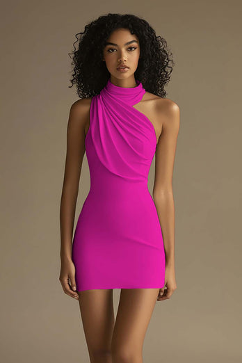 Queendancer Women Dusty Rose Tight Sleeveless Mini Party Dress Halter Ruched Short Graduation Dress