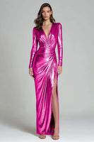 Load image into Gallery viewer, Sparkly Gold Sheath Metallic V-Neck Long Sleeves Formal Dress with Slit