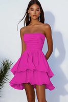 Load image into Gallery viewer, Fuchsia Chiffon A Line Ruched Strapless Short Cocktail Dress with Ruffles