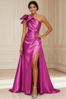 Load image into Gallery viewer, Silver Satin One Shoulder A Line Long Mother of the Bride Dress with Bow