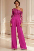 Load image into Gallery viewer, Sparkly Navy Beaded Asymmetrical Neck Long Mother of the Bride Jumpsuits with Lace