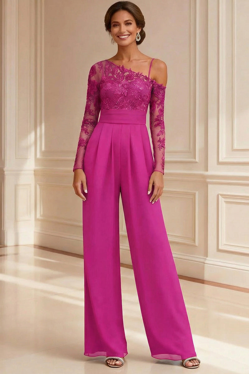 Load image into Gallery viewer, Sparkly Navy Beaded Asymmetrical Neck Long Mother of the Bride Jumpsuits with Lace