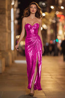 Load image into Gallery viewer, Sparkly Gold Metallic Mermaid Sweetheart Ruched Long Formal Dress with Slit
