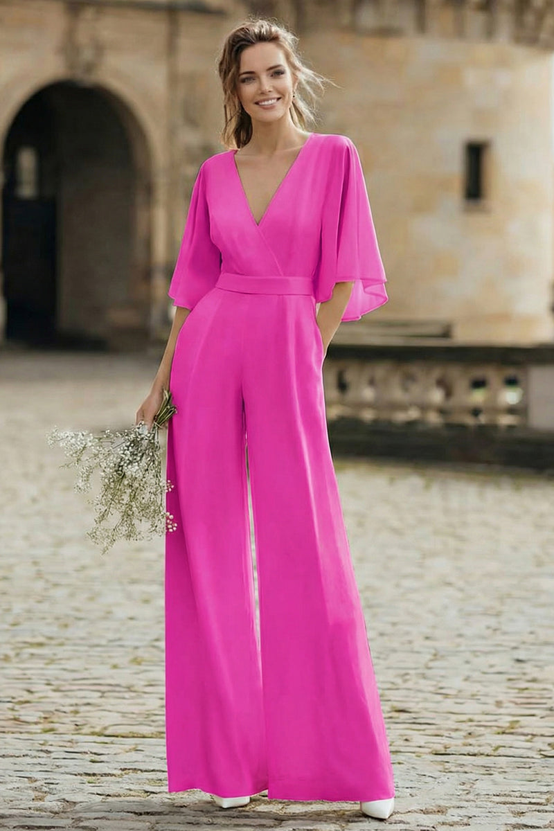 Load image into Gallery viewer, Ivory V-Neck Half Sleeves Long Wedding Jumpsuits with Pockets
