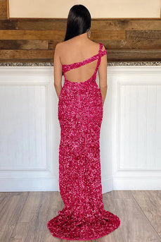 Sheath One Shoulder Fuchsia Sequins Long Prom Dress
