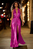 Load image into Gallery viewer, Sparkly Tahiti Metallic Sheath Halter Ruched Long Formal Dress with Slit