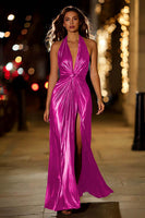 Load image into Gallery viewer, Sparkly Gold Halter Sheath Metallic Ruched Long Formal Dress with Slit