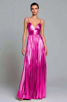 Load image into Gallery viewer, Sparkly Gold Pleated A-Line Metallic Spaghetti Straps Long Formal Dress