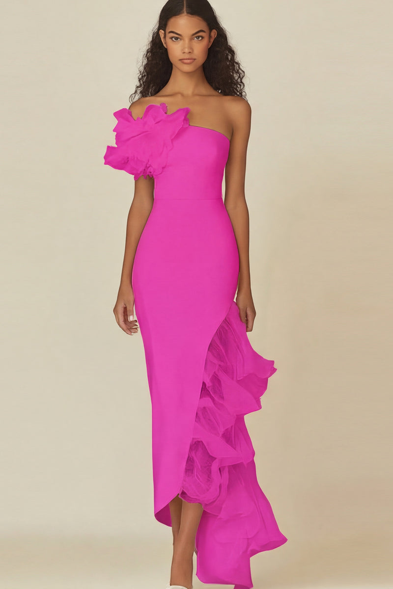 Load image into Gallery viewer, White Sheath Asymmetrical Long Rehearsal Dinner Dress with Ruffles