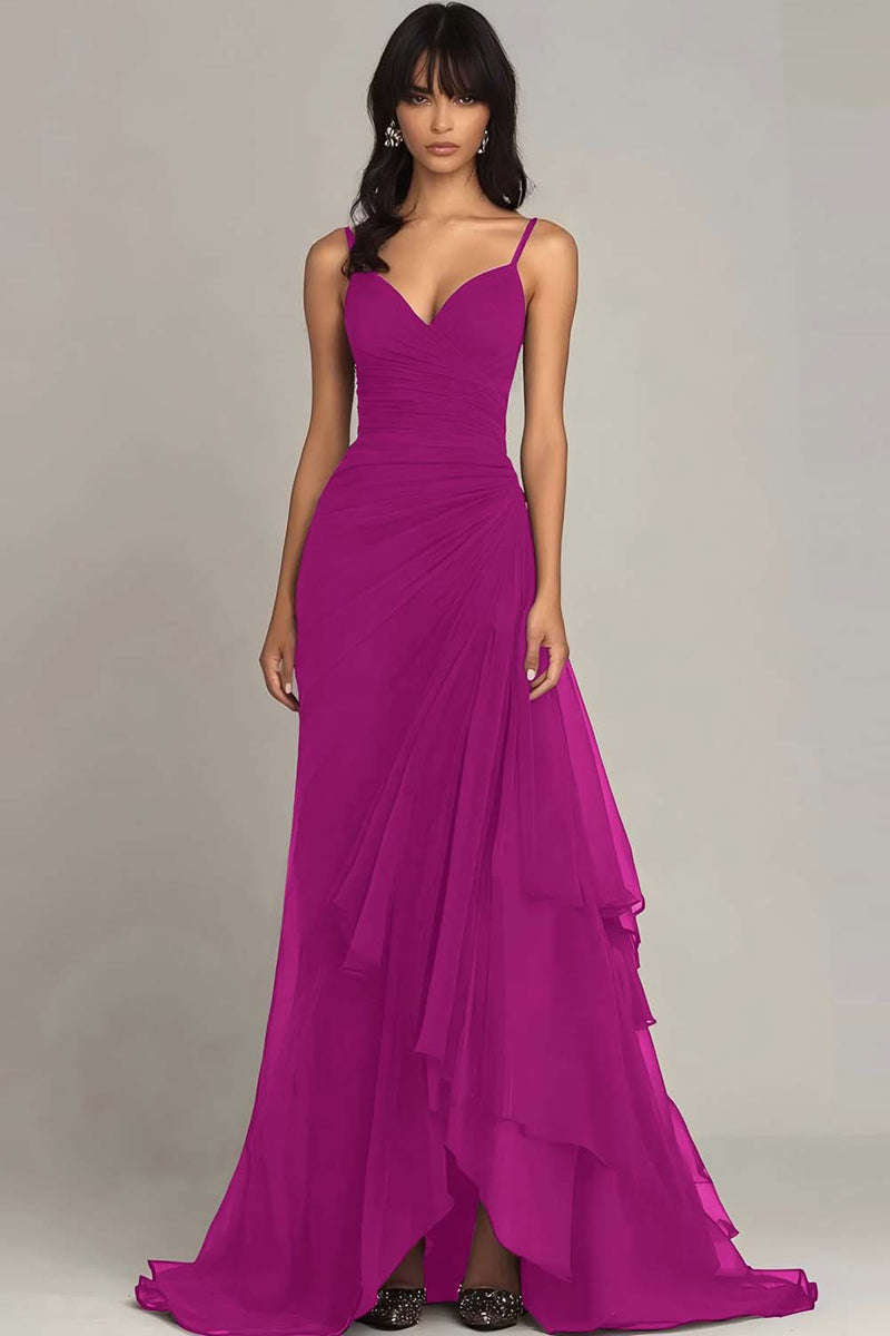 Load image into Gallery viewer, Dark Brown Spaghetti Straps Chiffon Ruffled Long Formal Dress