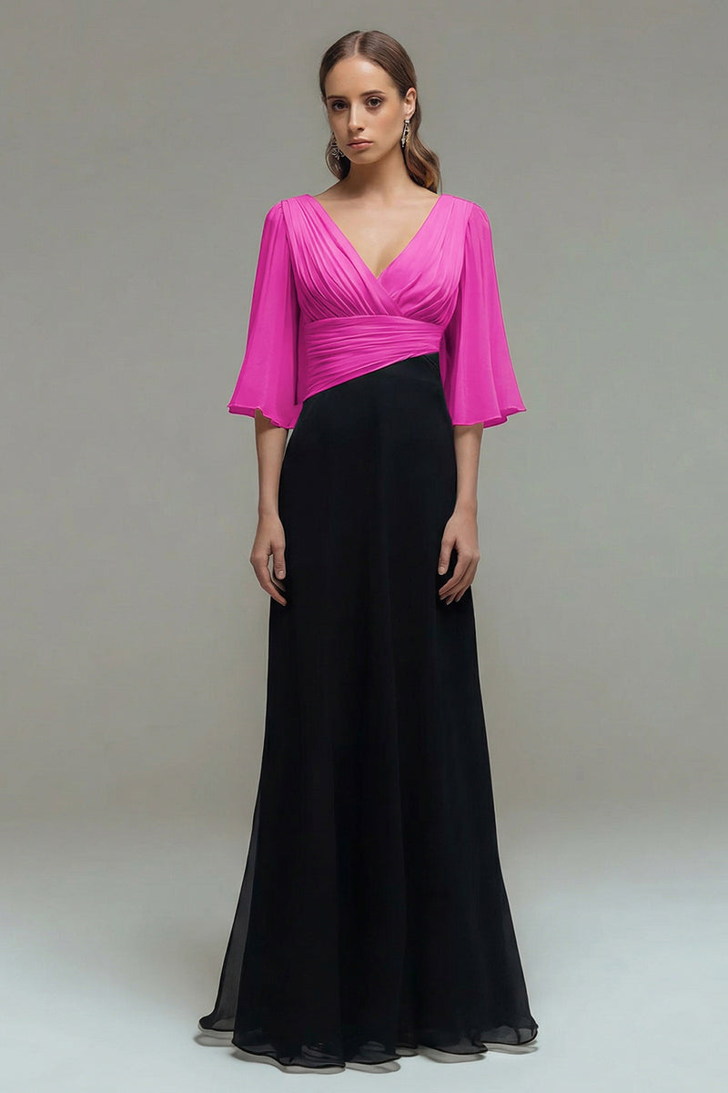 Load image into Gallery viewer, Black and White Chiffon Ruched Maxi Formal Dress with Sleeves