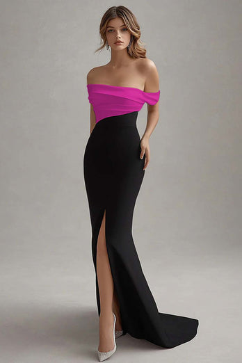 Red Sheath Off the Shoulder Long Black Tie Dress with Slit