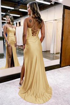 Golden Spaghetti Straps Satin Mermaid Prom Dress with Slit