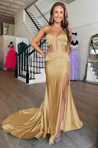 Gold Mermaid Sweetheart Long Prom Dress with Slit