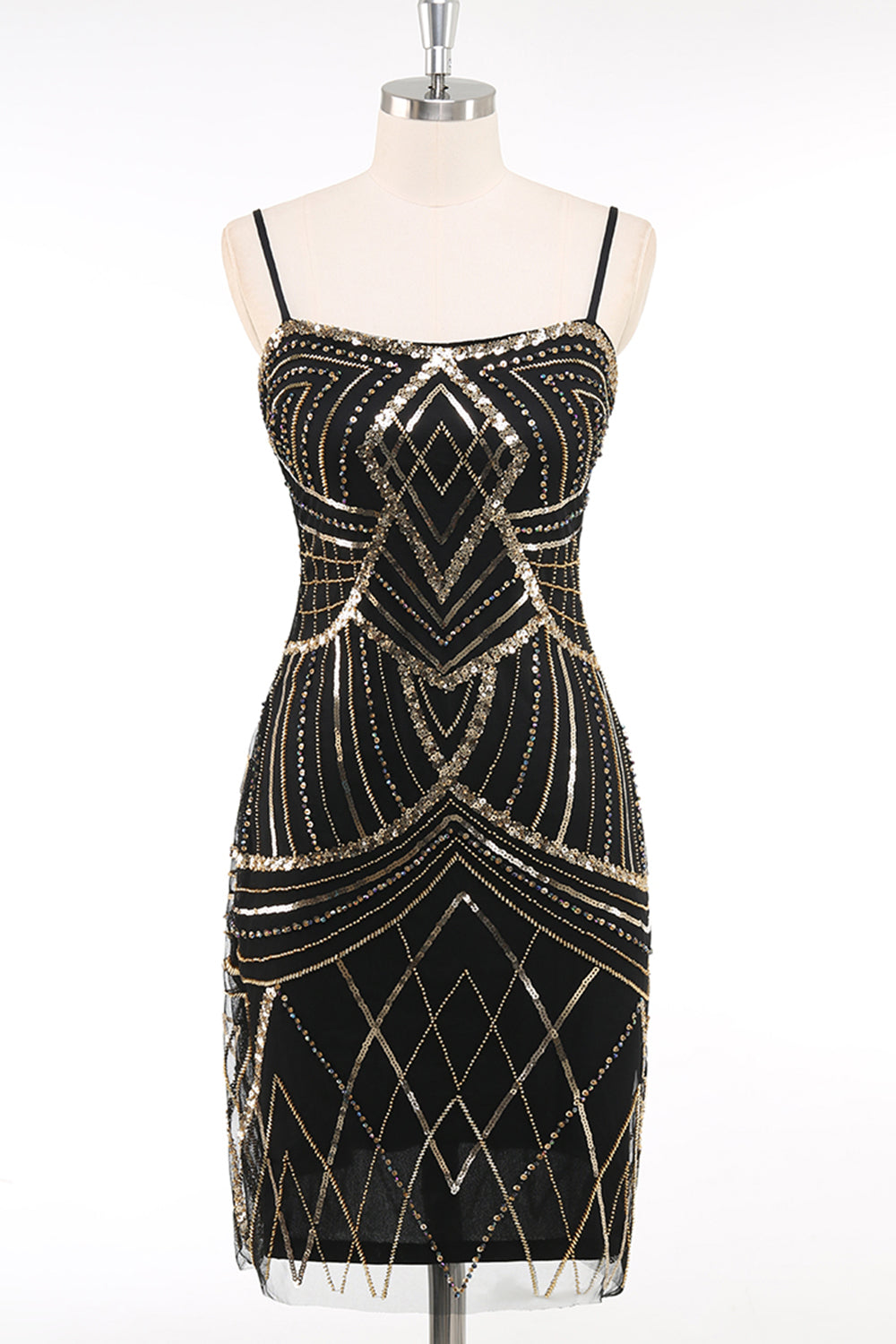 Black Golden Bodycon Spaghetti Straps Sequins 1920s Dress