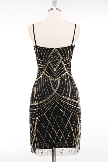 Black Golden Bodycon Spaghetti Straps Sequins 1920s Dress