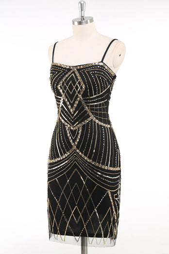 Black Golden Bodycon Spaghetti Straps Sequins 1920s Dress