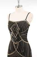 Load image into Gallery viewer, Black Golden Bodycon Spaghetti Straps Sequins 1920s Dress