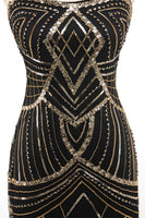 Load image into Gallery viewer, Black Golden Bodycon Spaghetti Straps Sequins 1920s Dress