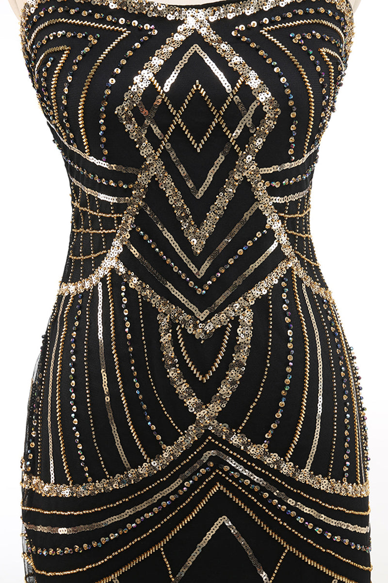 Load image into Gallery viewer, Black Golden Bodycon Spaghetti Straps Sequins 1920s Dress
