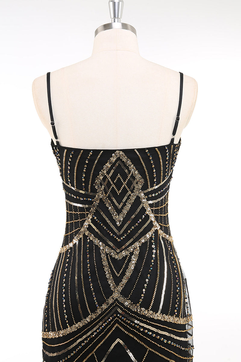 Load image into Gallery viewer, Black Golden Bodycon Spaghetti Straps Sequins 1920s Dress