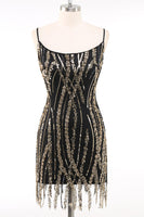 Load image into Gallery viewer, Sparkly Black Golden Spaghetti Straps 1920s Dress with Fringes