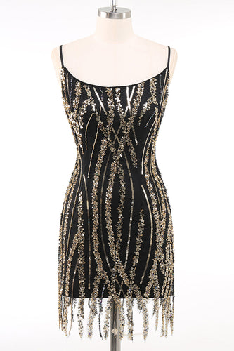 Sparkly Black Golden Spaghetti Straps 1920s Dress with Fringes