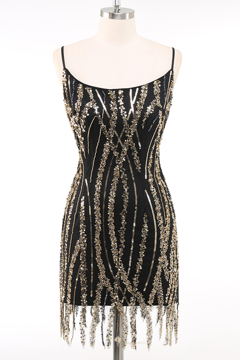 Sparkly Black Golden Spaghetti Straps 1920s Dress with Fringes