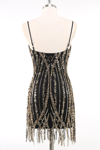 Sparkly Black Golden Spaghetti Straps 1920s Dress with Fringes