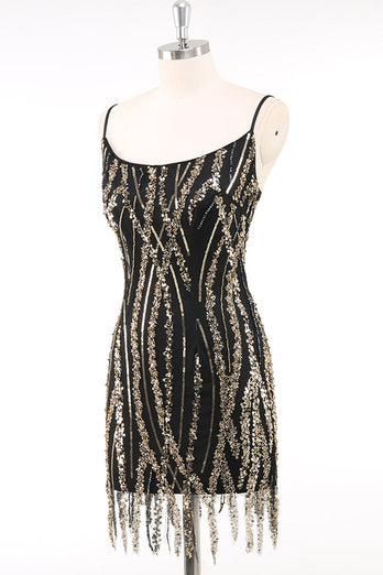 Sparkly Black Golden Spaghetti Straps 1920s Dress with Fringes