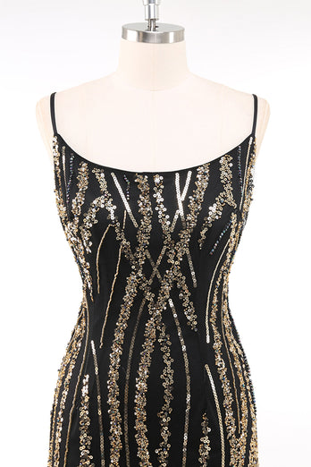 Sparkly Black Golden Spaghetti Straps 1920s Dress with Fringes