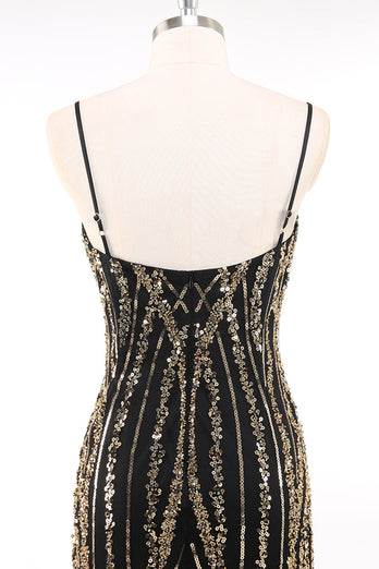 Sparkly Black Golden Spaghetti Straps 1920s Dress with Fringes