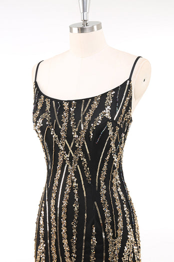 Sparkly Black Golden Spaghetti Straps 1920s Dress with Fringes