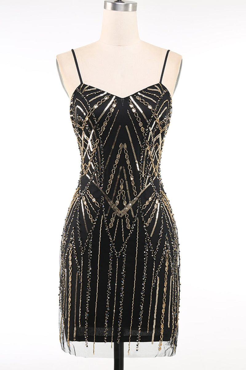 Load image into Gallery viewer, Sparkly Black Golden Bodycon Squins Short 1920s Dress