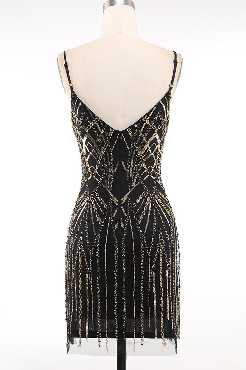 Load image into Gallery viewer, Sparkly Black Golden Bodycon Squins Short 1920s Dress