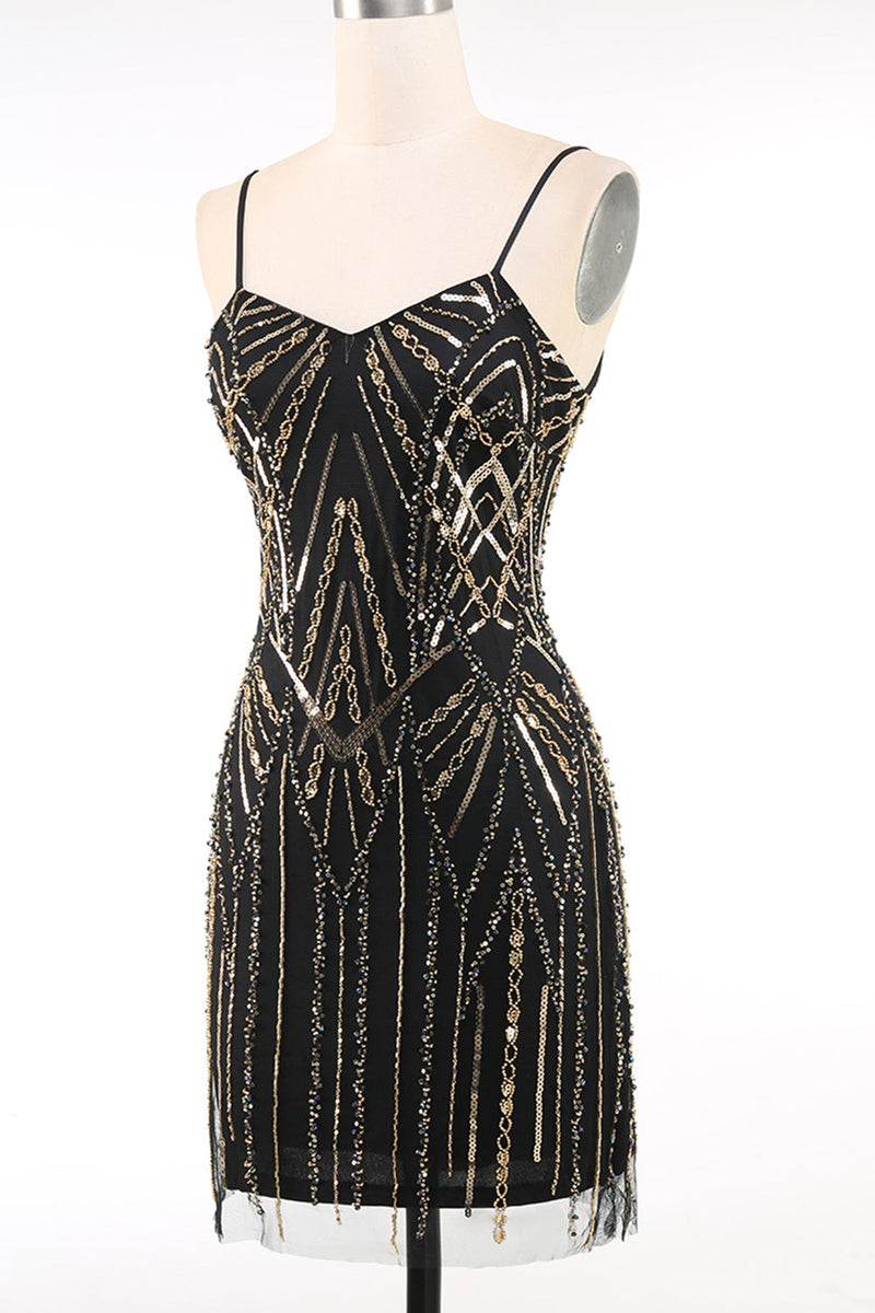 Load image into Gallery viewer, Sparkly Black Golden Bodycon Squins Short 1920s Dress