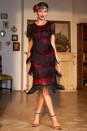 Roaring 20s Party Dress Black Red Beaded Gatsby Fringed Flapper Dress