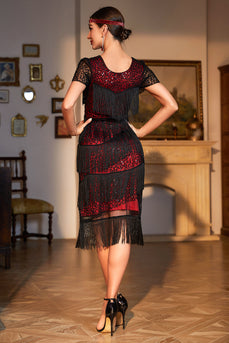 Roaring 20s Party Dress Black Red Beaded Gatsby Fringed Flapper Dress