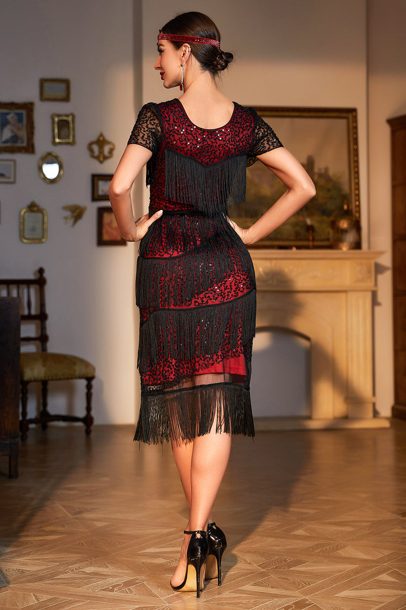 Load image into Gallery viewer, Roaring 20s Party Dress Black Red Beaded Gatsby Fringed Flapper Dress