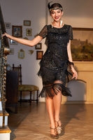 Load image into Gallery viewer, Roaring 20s Party Dress Black Red Beaded Gatsby Fringed Flapper Dress