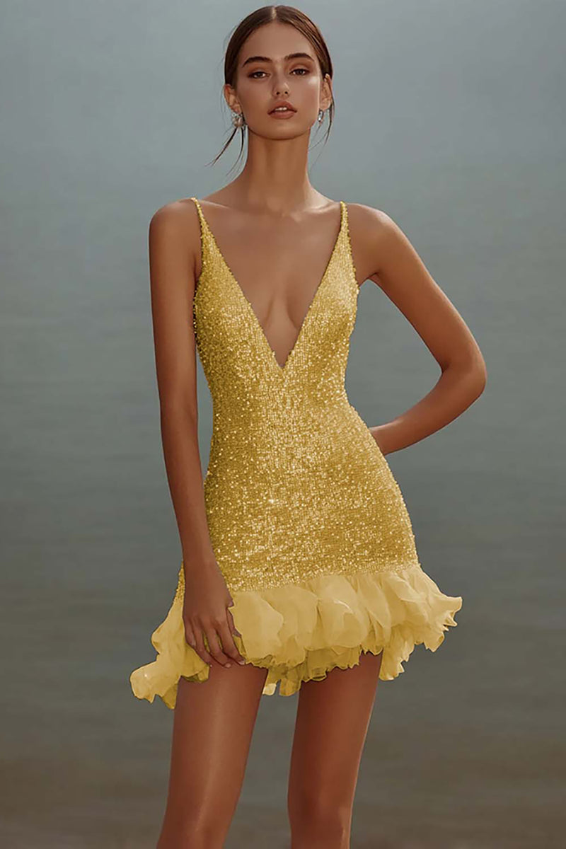 Load image into Gallery viewer, Sparkly White Bodycon Sequins V-Neck Graduation Dress
