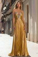 Load image into Gallery viewer, Sparkly Gold Metallic Sheath Pleated Long Prom Dress with Beading