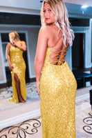 Load image into Gallery viewer, Sparkly Royal Blue Backless Sequins Long Prom Dress with Slit